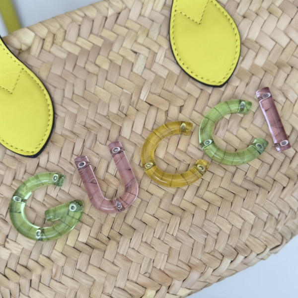 G*u*i mini straw tote with G*u*i logo